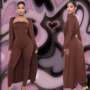 brown jumpsuit & cardigan set